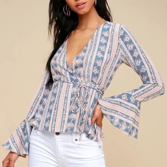 Lulus Tops - LULUS Blouse Love Is Enough Floral Bell Sleeves True Wrap Peplum Boho Blue Small